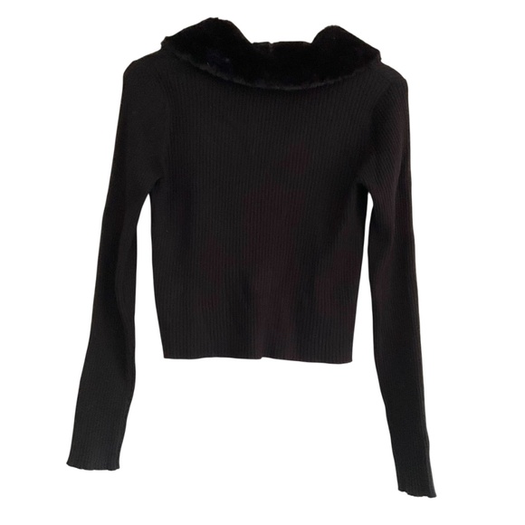 H&M Girls Ribbed Cardigan w/Faux Fur Collar Sz 20 Black Y2K Parisian Style Chic - Picture 2 of 9